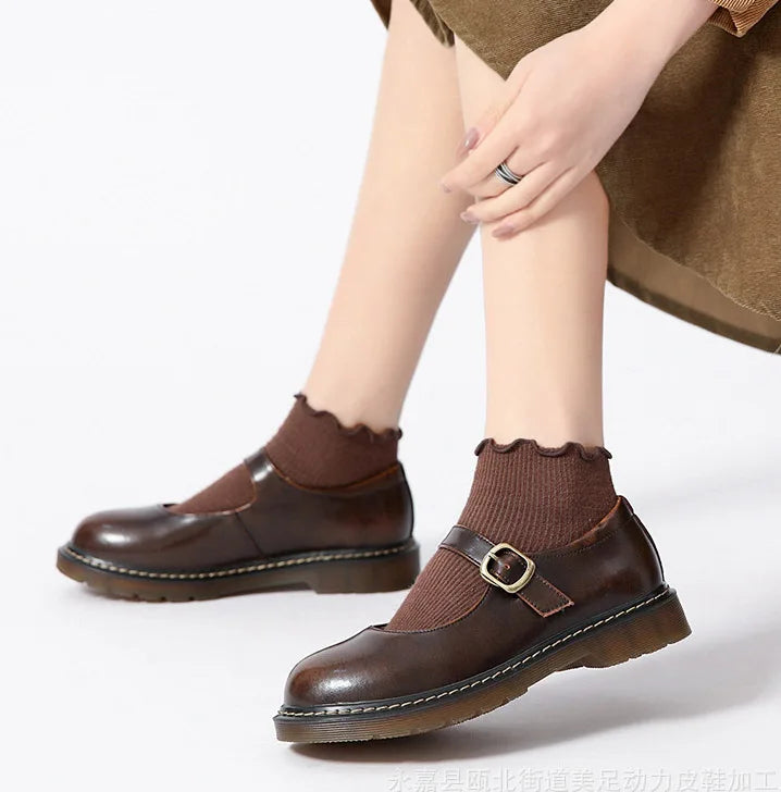 LIHUAMAO retro Mary Jane pumps i äkta med rund klack och ankelrem för kvinnor