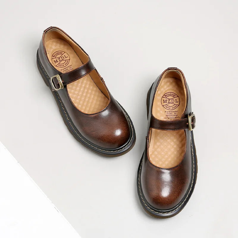 LIHUAMAO retro Mary Jane pumps i äkta med rund klack och ankelrem för kvinnor