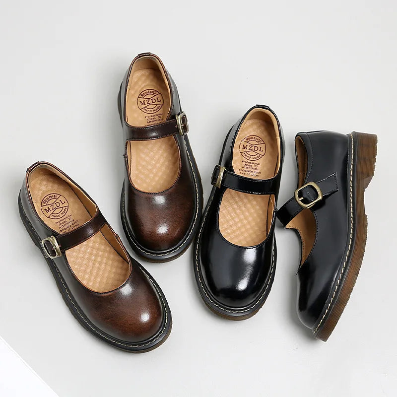 LIHUAMAO retro Mary Jane pumps i äkta med rund klack och ankelrem för kvinnor
