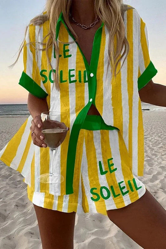 Halora™ | Kort linne set med gula ränder
