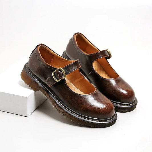 LIHUAMAO retro Mary Jane pumps i äkta med rund klack och ankelrem för kvinnor